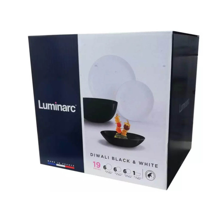 Serwis obiadowy biało czarny Diwali Luminarc 19 elementów talerze dla 6 osób