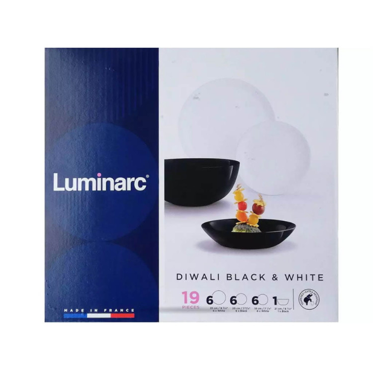 Serwis obiadowy biało czarny Diwali Luminarc 19 elementów talerze dla 6 osób