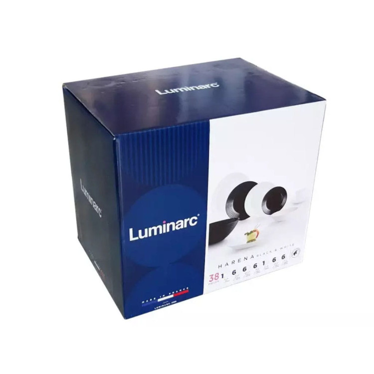 Serwis obiadowo kawowy Harena Luminarc 38 elementów czarno białe talerze dla 6 osób