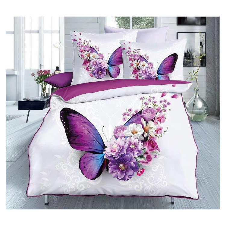 Pościel 200x220 bawełna satynowa 3D Cotton World gruba z prześcieradłem 4 części 370 motyl i kwiaty