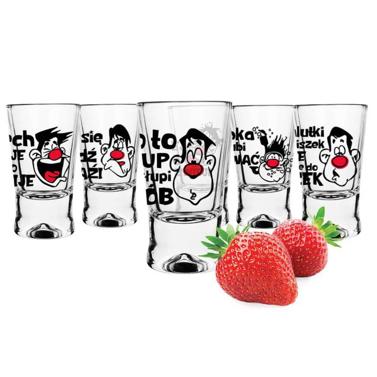 Kieliszki do wódki 25 ml Glasmark IKS komplet 6 sztuk śmieszny nadruk toasty Kieliszki do wódki 25 ml Glasmark IKS komplet 6 sztuk śmieszny nadruk toasty