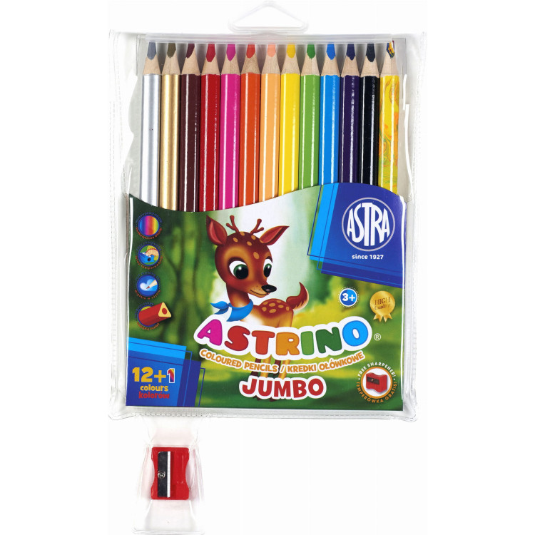 Kredki ołówkowe Astrino trójkątne 12 kolorów w drewnie + temperówka + 1 tęczowa kredka gratis