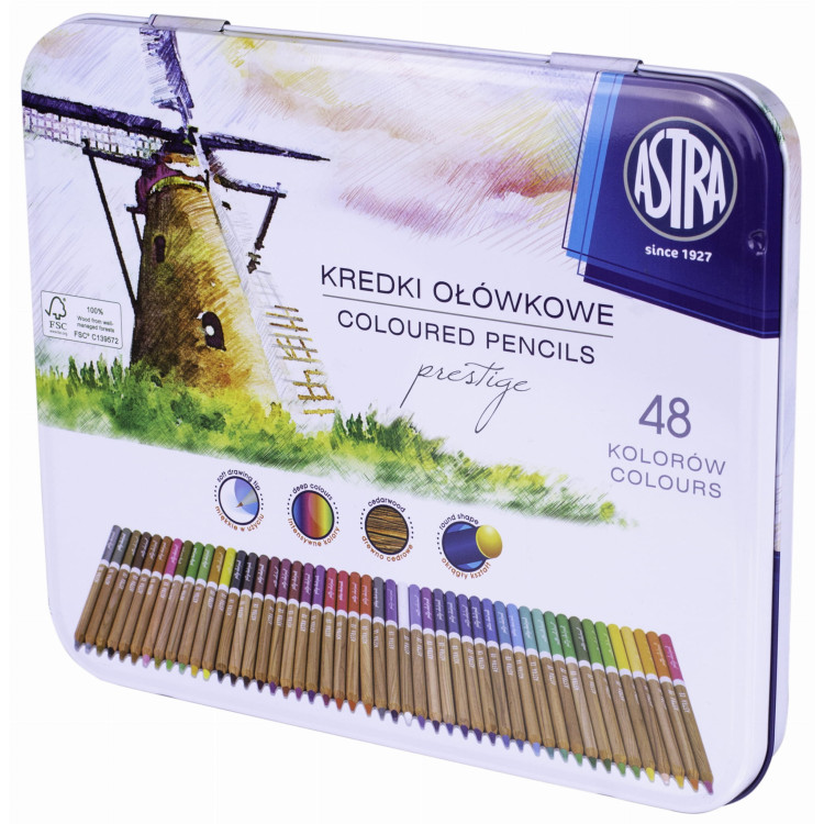 Kredki z drewna cedrowego w metalowym pudełku Astra Prestige 48 kolorów