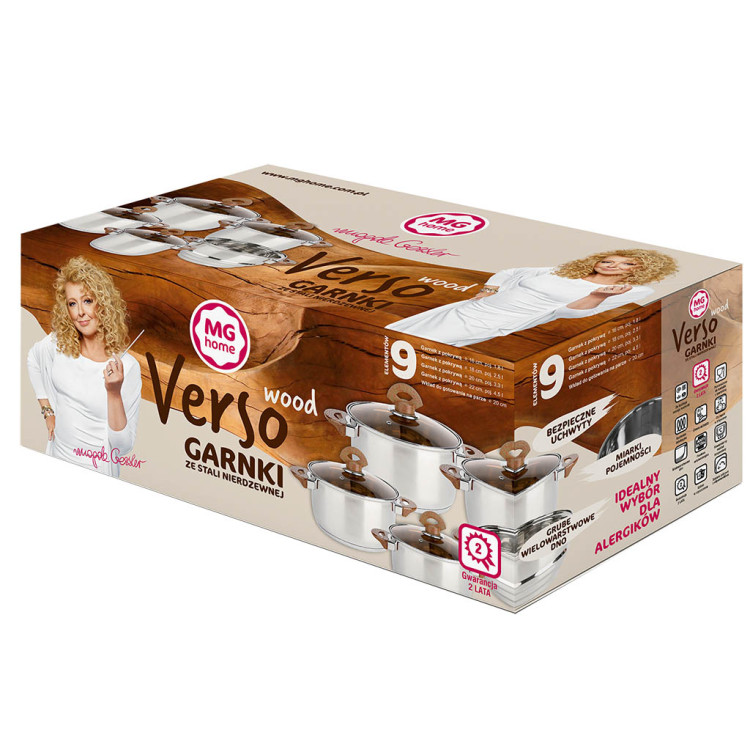 Garnki stalowe MG Home Verso Wood zestaw 4 garnków i parowar na indukcję Garnki stalowe MG Home Verso Wood zestaw 4 garnków i parowar na indukcję