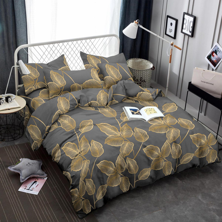 Pościel 140x200 bawełna satynowa 3D Cotton World gruba 2 części 2418 złote liście na szarym tle