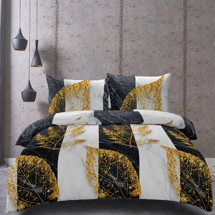 Pościel 140x200 bawełna satynowa 3D Cotton World gruba 2 części 2423 złote liście na biało-czarnych pasach