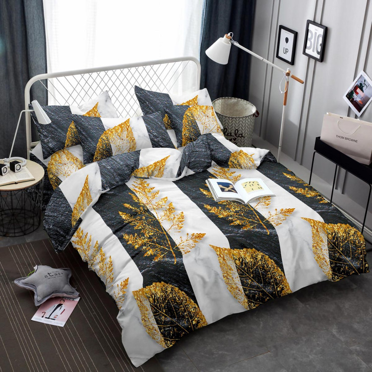 Pościel 140x200 bawełna satynowa 3D Cotton World gruba 2 części 2423 złote liście na biało-czarnych pasach