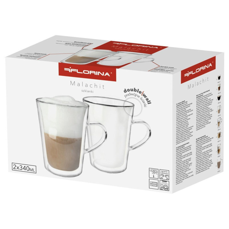 Szklanki termiczne Malachit 340 ml proste z uchem zestaw 6 szklanek