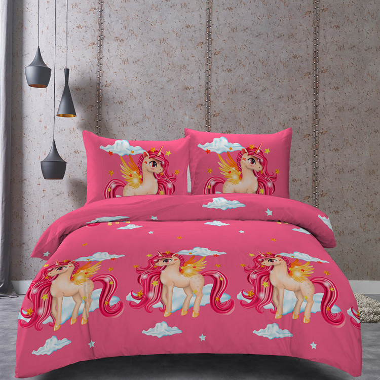 Pościel 140x200 dla dzieci bawełna satynowa 3D Cotton World gruba 2 części 2509 jednorożec