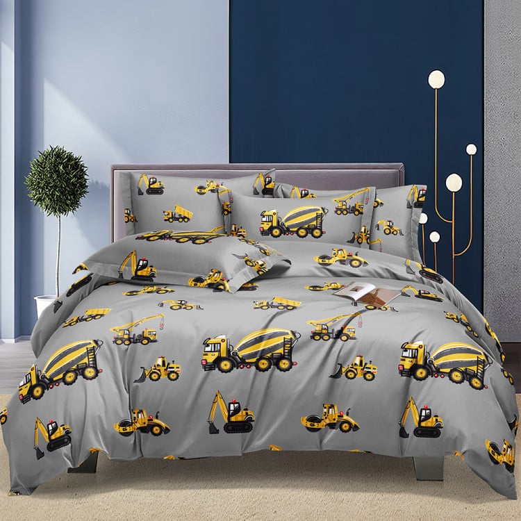 Pościel 140x200 dla dzieci bawełna satynowa 3D Cotton World gruba 2 części 2515 pojazdy na budowie