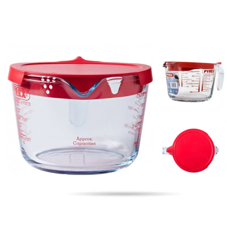 Miarka kuchenna dzbanek szklany ze skalą 1000 ml z pokrywką i sitkiem Pyrex 264P
