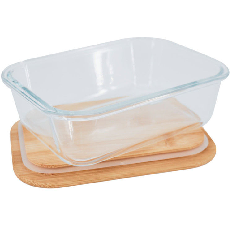 Zestaw 4 pojemników szklanych lunchbox z bambusową pokrywką 1500/1050/640/370 ml żaroodporne