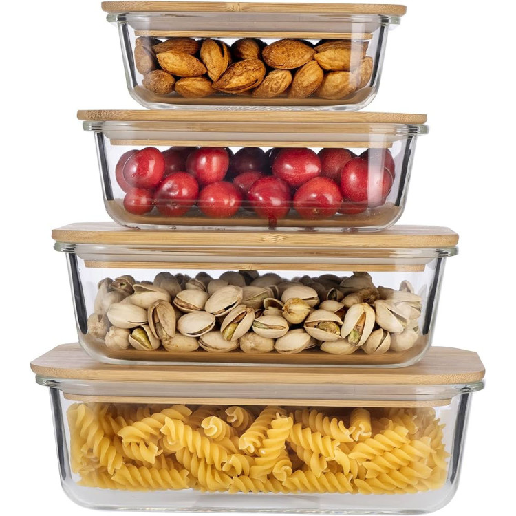 Zestaw 4 pojemników szklanych lunchbox z bambusową pokrywką 1500/1050/640/370 ml żaroodporne