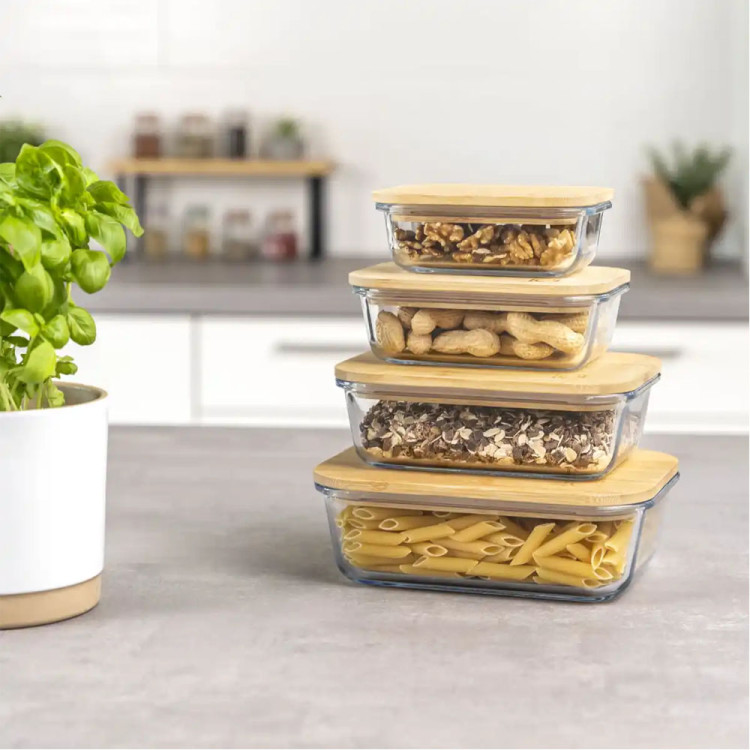 Zestaw 4 pojemników szklanych lunchbox z bambusową pokrywką 1500/1050/640/370 ml żaroodporne