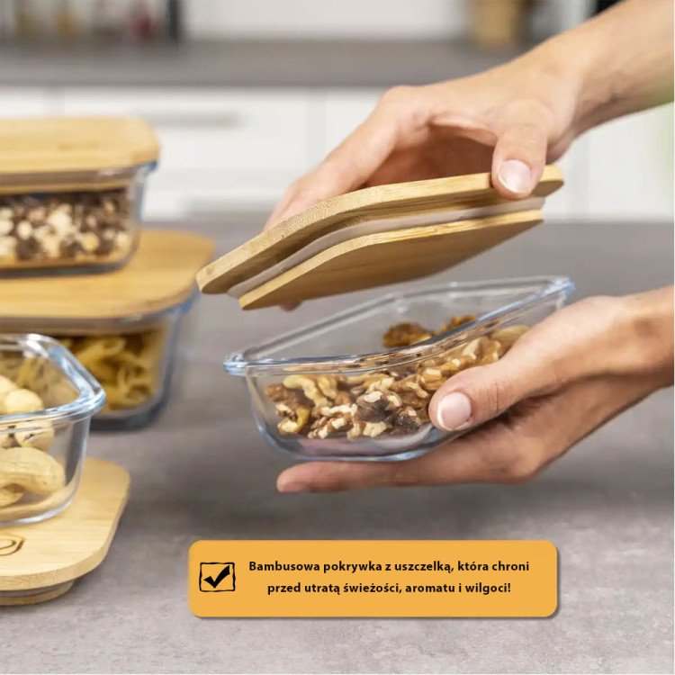 Zestaw 4 pojemników szklanych lunchbox z bambusową pokrywką 1500/1050/640/370 ml żaroodporne