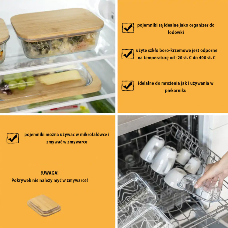 Zestaw 4 pojemników szklanych lunchbox z bambusową pokrywką 1500/1050/640/370 ml żaroodporne