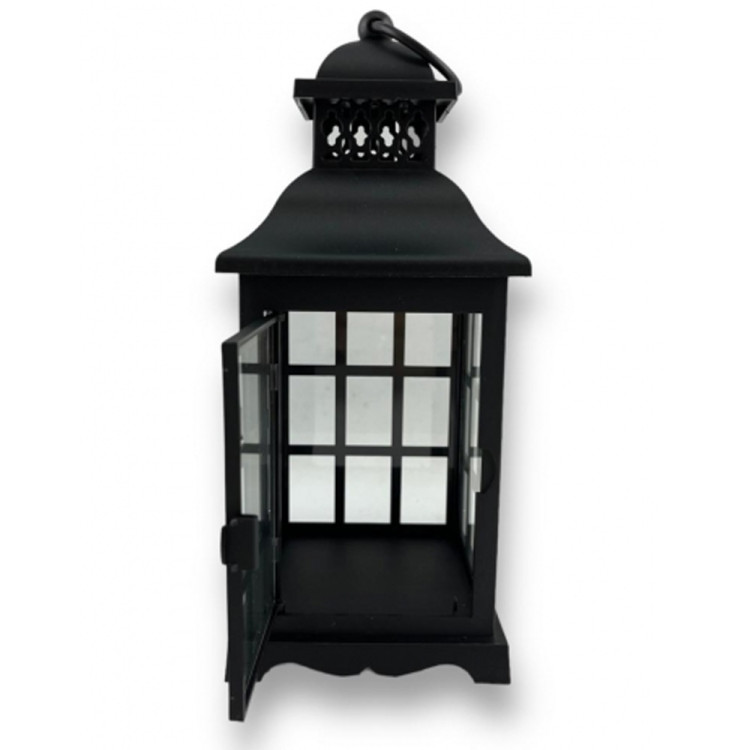 Lampion dekoracyjny z przeszklonymi ściankami w kratkę 11.2x11.2x26.5 cm latarenka czarna lam35725