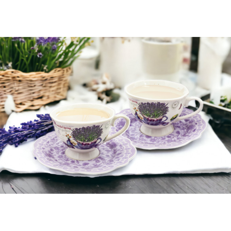 Serwis kawowy na 2 osoby porcelana zestaw 2 filiżanek ze spodkami Bella Fiore lawenda 38975