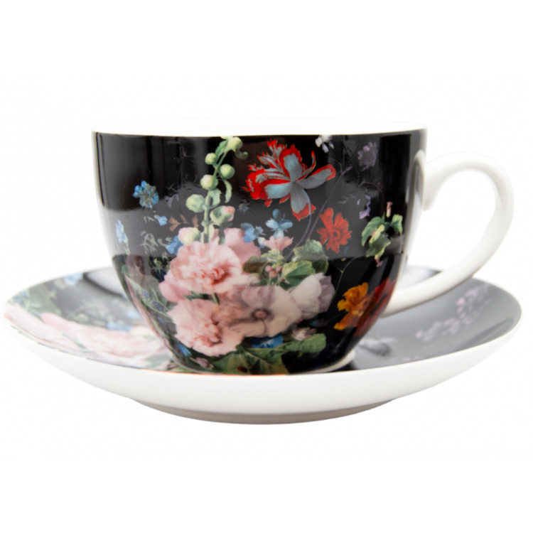 Serwis kawowy na 2 osoby porcelana zestaw 2 filiżanek ze spodkami Bella Fiore czarna w kwiaty 38979