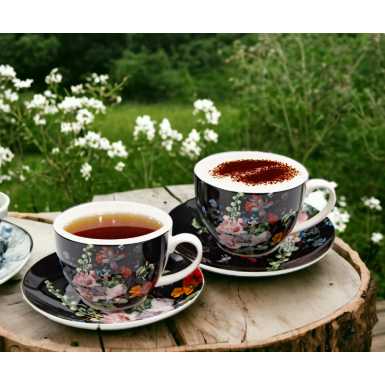 Serwis kawowy na 2 osoby porcelana zestaw 2 filiżanek ze spodkami Bella Fiore czarna w kwiaty 38979
