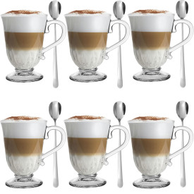 Szklanki z uchem 320 ml Florina Nino kubki do herbaty kawy latte macchiato komplet 6 sztuk w zestawie z długimi łyżeczkami