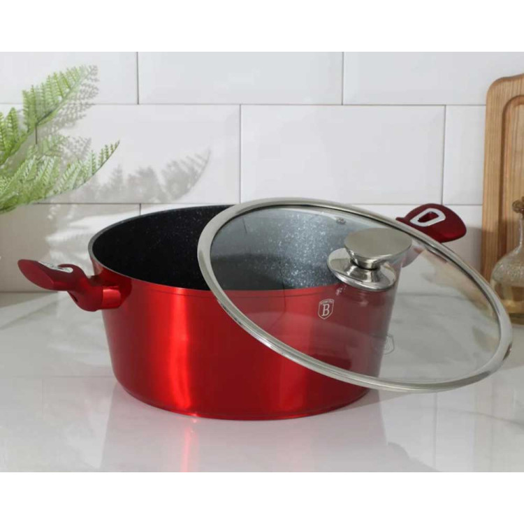 Garnki BERLINGER HAUS BH-7030 Burgundy zestaw 16 elementów garnki marmurkowe czerwone Indukcja