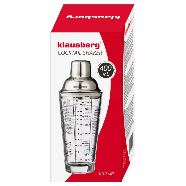 Shaker do koktajli szklany 400 ml Klausberg KB 7647 barowy shaker do drinków przeźroczysty z miarką i przepisami