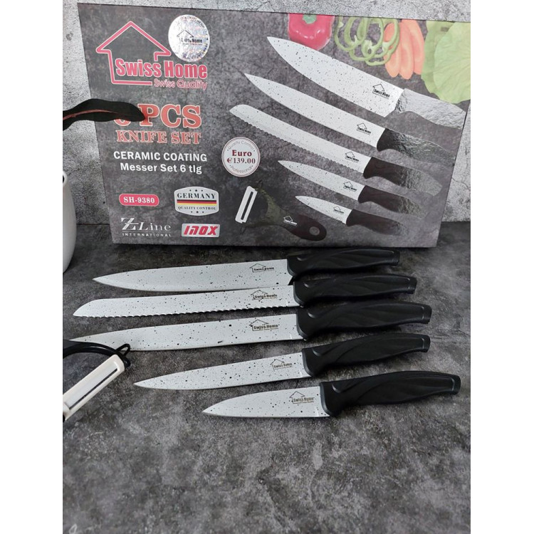 Noże kuchenne Swiss Home SH- 9380 zestaw stalowe z ceramiczna powłoką 5 noży plus obieraczka