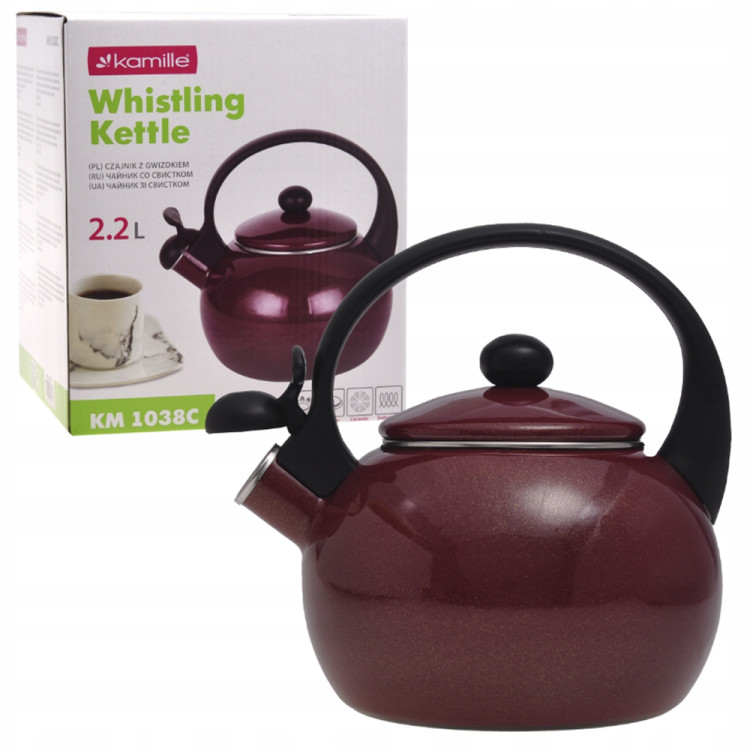 Czajnik tradycyjny z gwizdkiem emaliowany bordowy 2.2 l Kamille KM-1038C