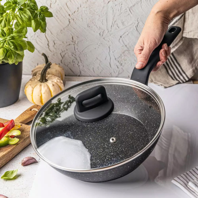 Patelnia głęboka marmurowa pokrywką średnia 24 cm Klausberg KB 7666 czarny marmurek