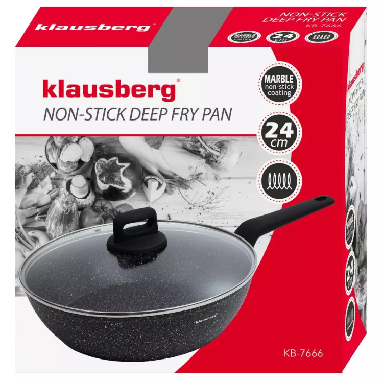 Patelnia głęboka marmurowa pokrywką średnia 24 cm Klausberg KB 7666 czarny marmurek