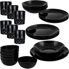 Serwis obiadowy Diwali Luminarc 30 elementów czarne talerze szklanki dla 6 osób
