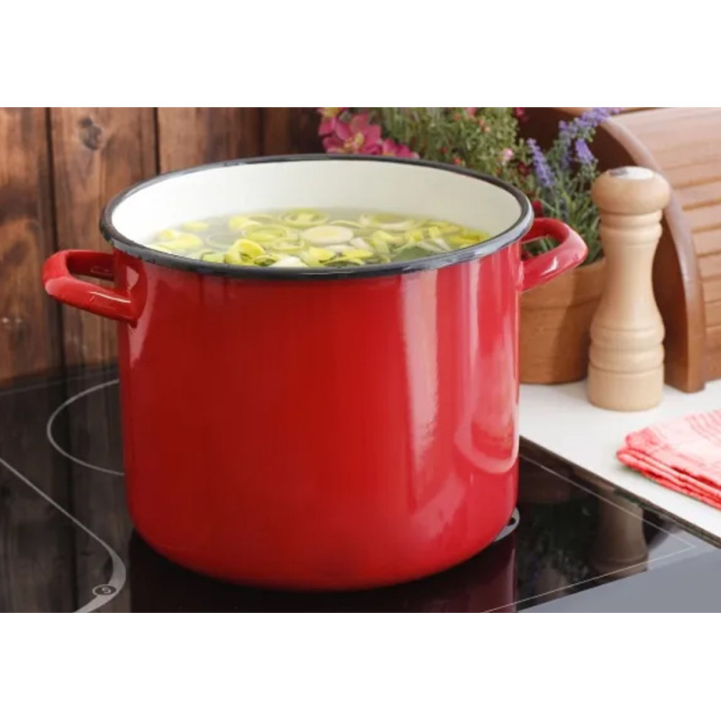 Garnek emaliowany czerwony 15 L prosty duży kociołek z pokrywką 28 cm Tragar