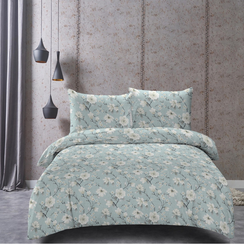 Pościel 160x200 bawełna satynowa Cotton World gruba 3 części 2436 niebieska w białe kwiaty