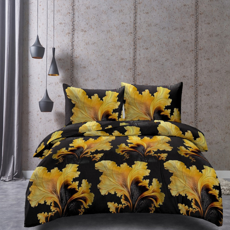Pościel 160x200 bawełna satynowa Cotton World gruba 3 części 2546 czarna w żółte kwiaty