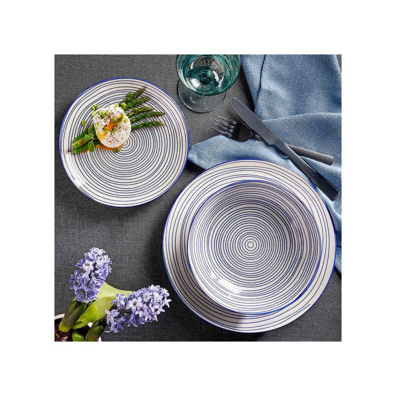 Serwis obiadowy porcelanowy MG Home Marea 18 elementów zestaw talerzy dla 6 osób biało-niebieski
