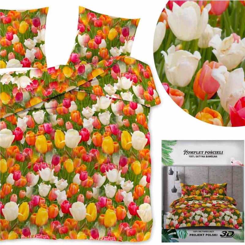 Pościel 200x220 bawełna satynowa 3D Cotton World gruba 3 części 2702 tulipany
