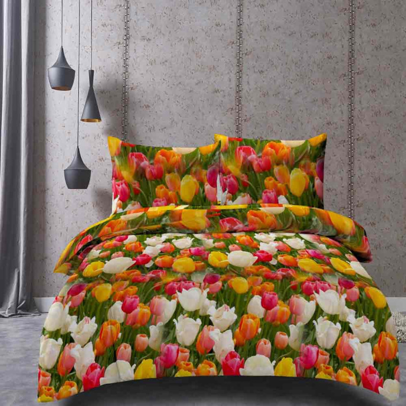 Pościel 200x220 bawełna satynowa 3D Cotton World gruba 3 części 2702 tulipany