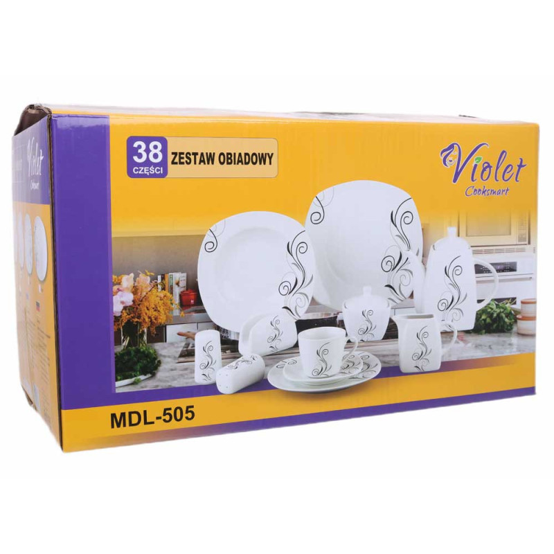 Serwis obiadowy porcelana 38 elementów komplet na 6 osób biały z serwisem kawowym + dodatki Violet VC 229