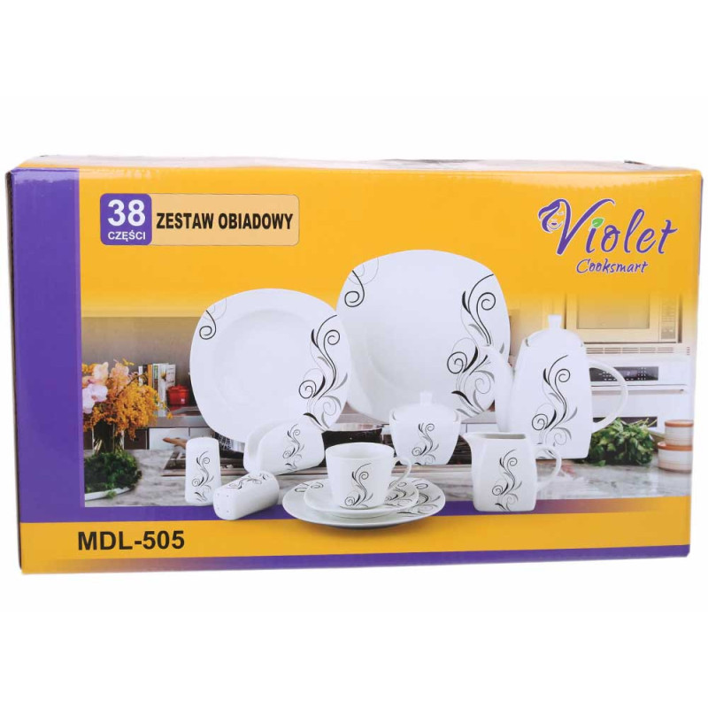 Serwis obiadowy porcelana 38 elementów komplet na 6 osób biały z serwisem kawowym + dodatki Violet VC 229