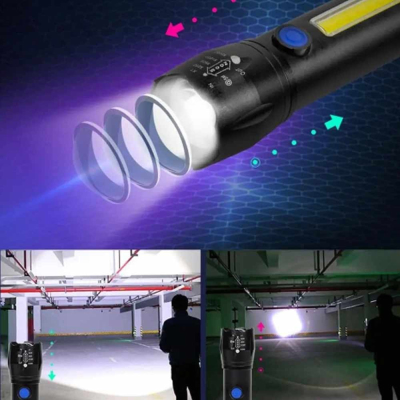 Latarka taktyczna LED ładowanie USB latarka w pudełku A 3611 COB ZOOM T6