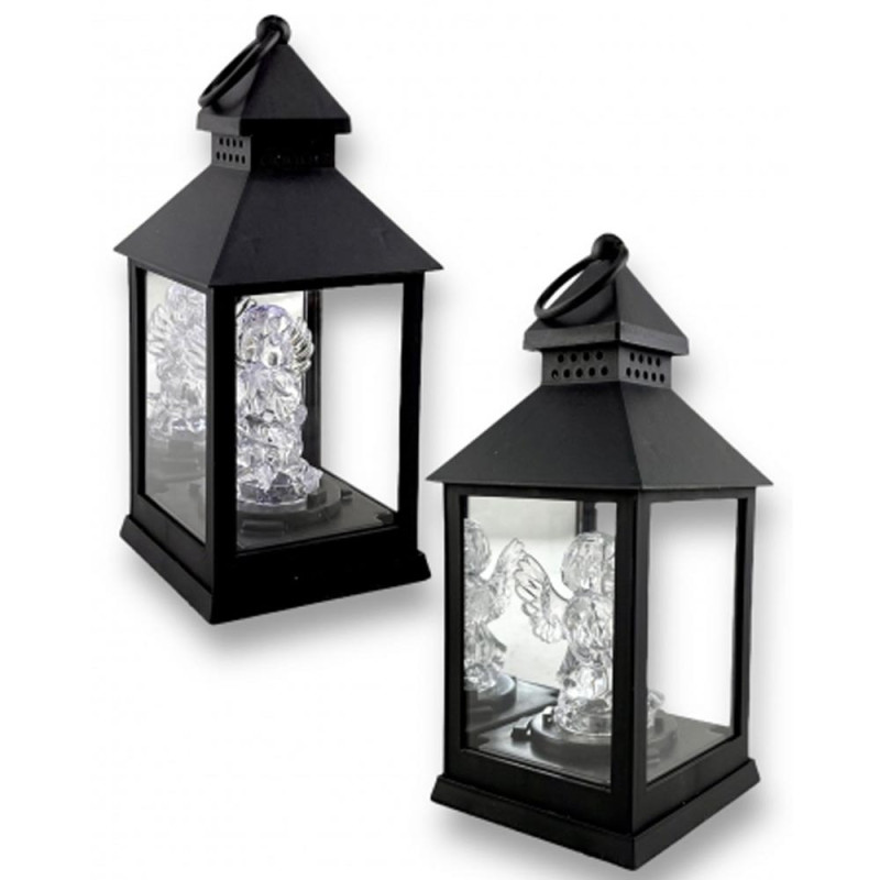 Lampion dekoracyjny z aniołkiem 10x10x26 cm latarenka mała czarna znicz Cortina