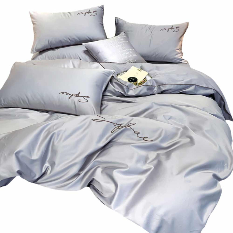 Pościel 140x200 haftowana satyna Cotton World gruba komplet 2 części 2602 jasno szara