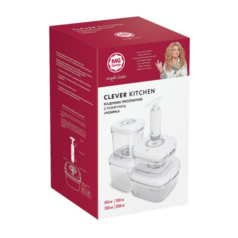 Pojemniki próżniowe na żywność MG Home Clever 650/1350/2500 ml w zestawie z pompką białe