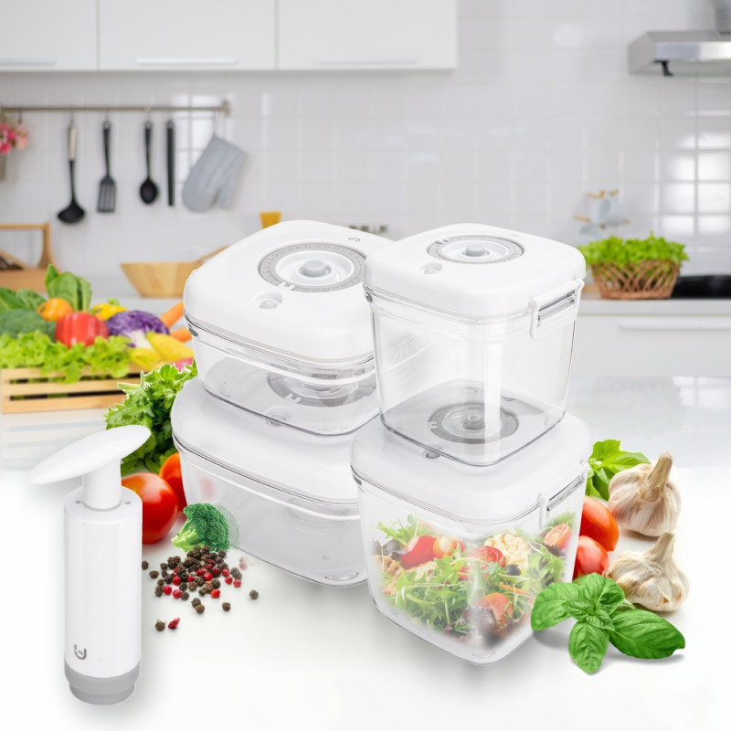 Pojemniki próżniowe na żywność MG Home Clever 650/1350/2500 ml w zestawie z pompką białe