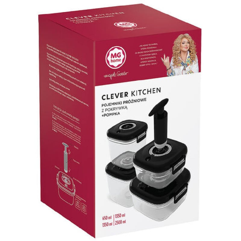 Pojemniki próżniowe na żywność MG Home Clever 650/1350/2500 ml w zestawie z pompką czarne