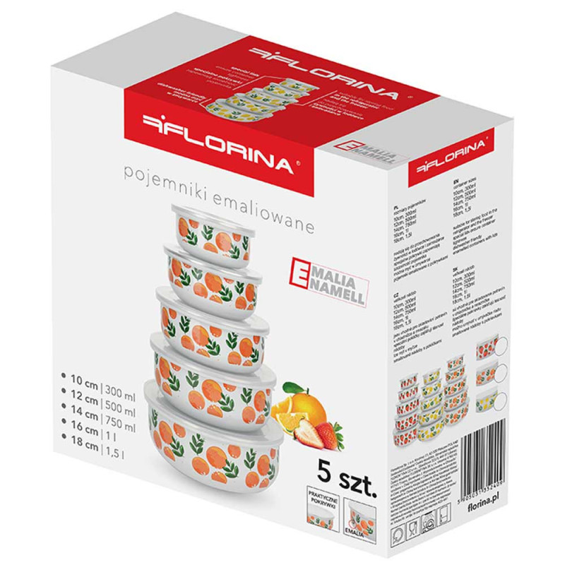 Pojemniki emaliowane miski z pokrywką 0.3/0.5/0.75/1/1.5 l białe mix wzorów zestaw 5 sztuk Florina Dekor Owocki