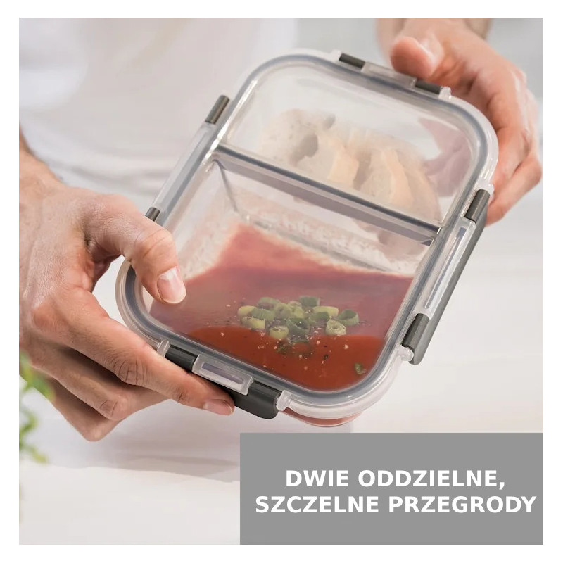Zestaw 4 pojemników szklanych 1050 ml z przegrodą lunchbox GierekHoff Split 1104 żaroodporne hermetyczne dwukomorowe
