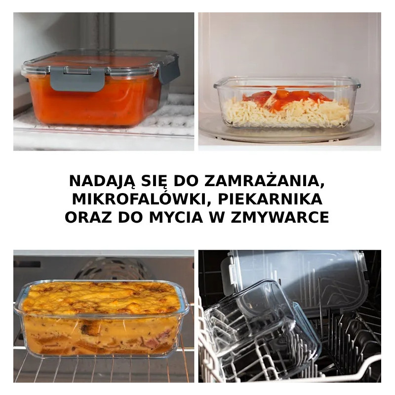 Zestaw 4 pojemników szklanych 1050 ml z przegrodą lunchbox GierekHoff Split 1104 żaroodporne hermetyczne dwukomorowe