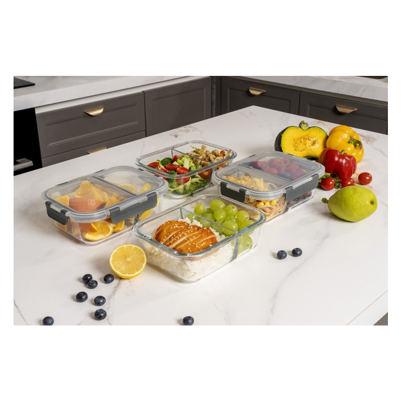 Zestaw 4 pojemników szklanych 1050 ml z przegrodą lunchbox GierekHoff Split 1104 żaroodporne hermetyczne dwukomorowe